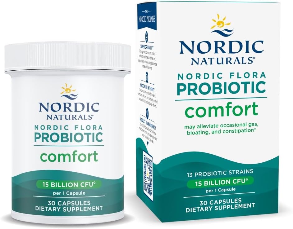 Nordic Naturals Nordic Flora Probiotic Comfort - 30 Capsules - 13 Probiotic Strains w/ 15 Billion Cultures - Supports Regularity & Digestive Comfort, Alleviates Bloating - Non-GMO, Vegan - 30 servicios