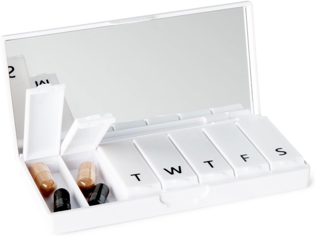 Designer Weekly Pill Box Organizer (Single 1X Daily, Crisp White) Silencio Compacto, Stylish 7-Day Vitamin Supplement Case ← Cute Portable Mini Travel Medicine Carrier ← BPA-Free Pillbox Caddy