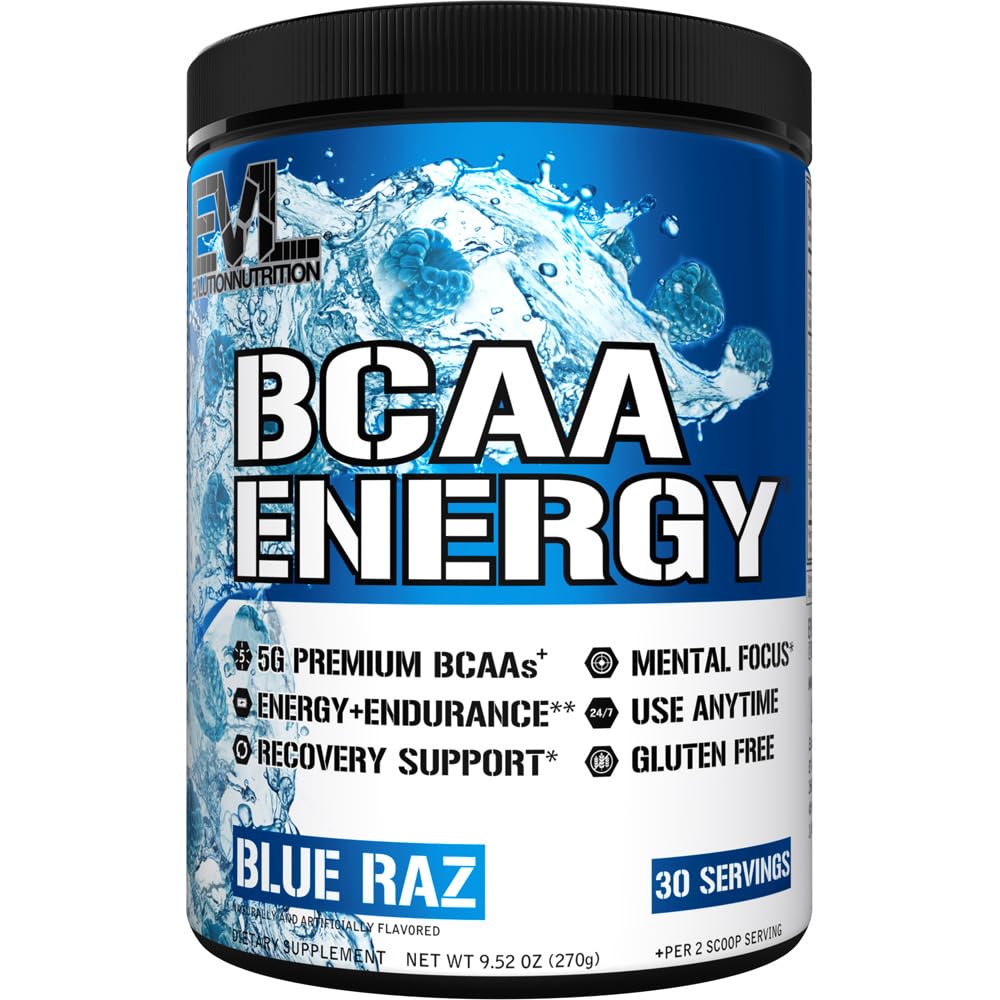 EVL BCAAs Amino Acids Powder - BCAA Energy Pre Workout Powder para la recuperación muscular crecimiento y resistencia - Rehidratación de la bebida de recuperación de postes con cafeína natural - Blue Raz