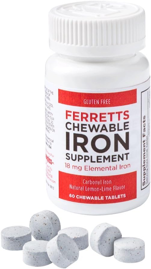 Ferretts Chewable Iron Suplemento 18mg (Carbonyl Iron) - 60-Day Supply of Lemon-Lime Flavored Iron Chewables for Iron Deficiency - Gentle " Non-Constipating Suplemento de hierro Chewables (60ct.)