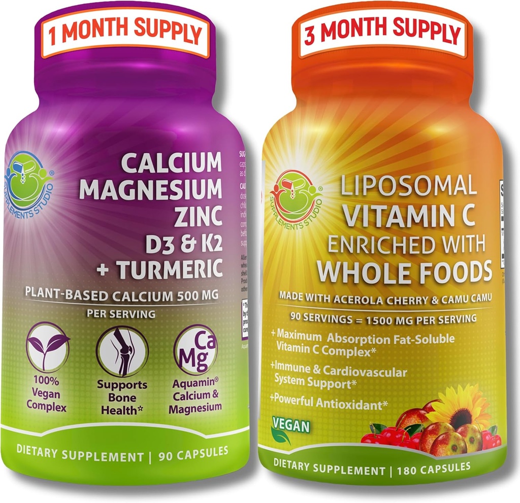 Bono de base vegetal & Immune Support Supplement Bundle – Liposomal Vitamina C 1500mg con Acerola orgánica & Camu Camu + Calcio Magnesium Zinc with Vitamin D3, K2 & Turmeric – Vegan, Non-GMO