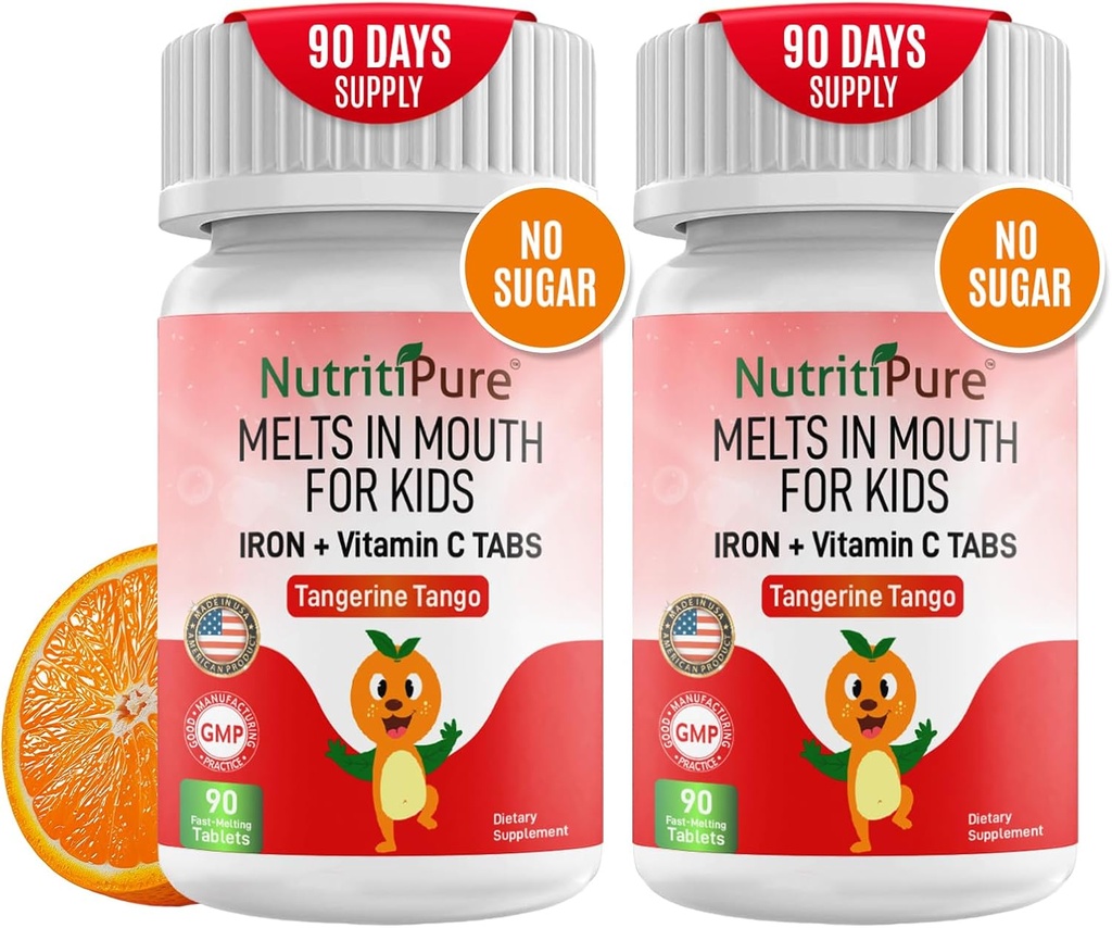 Suplementos de Hierro Chewable para Niños (Ferronyl®/Carbonyl Iron 9 mg con vitamina C 30 mg) Tablet in Tangerine Tango Orange Flavor Kids Iron Suplemento 90 Conde (2 Botellas)