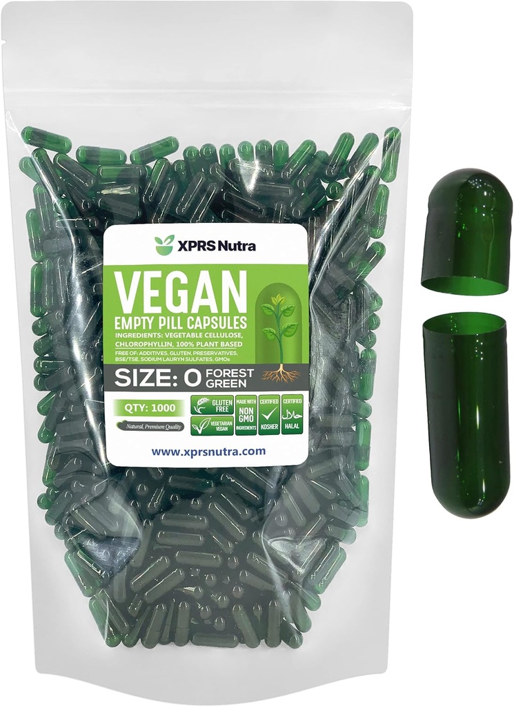XPRS Nutra Size 0 Empty Capsules - 1000 Count Empty - Píldoras vegetarianas para DIY Vegetable Capsule Filling - Veggie Pill Caps (Forest Green)