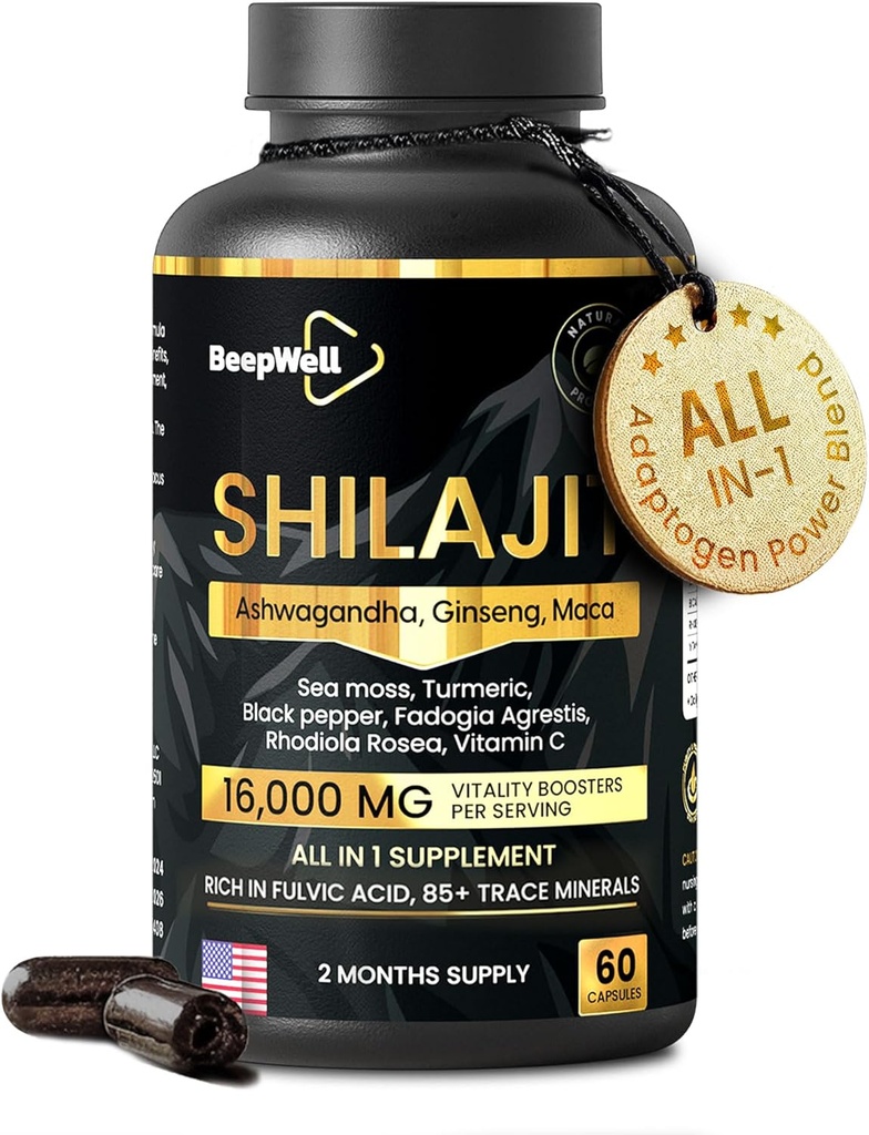 Shilajit Capsules for Men ' Women, 16,000mg Pure Himalayan Shilajit orgánico apoya la vitalidad y el bienestar,Premium Pure Himalayan Suplemento 2 meses de suministro, 60 cápsulas