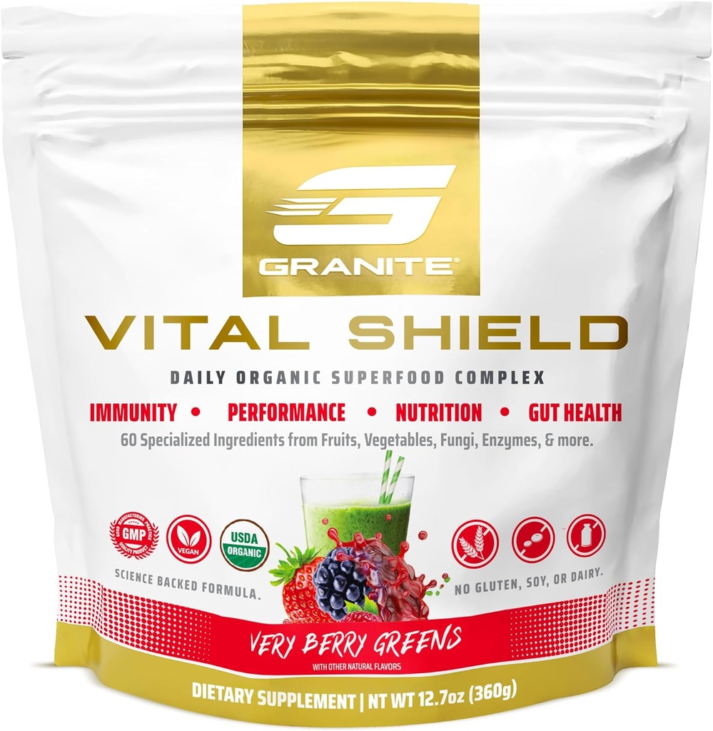 Escudo Vital de Nutrición Granito - USDA Organic Superfood Greens with Mushrooms & Tart Cherry for Energy, Immunity & Gut Health - Very Berry (30 Servings)