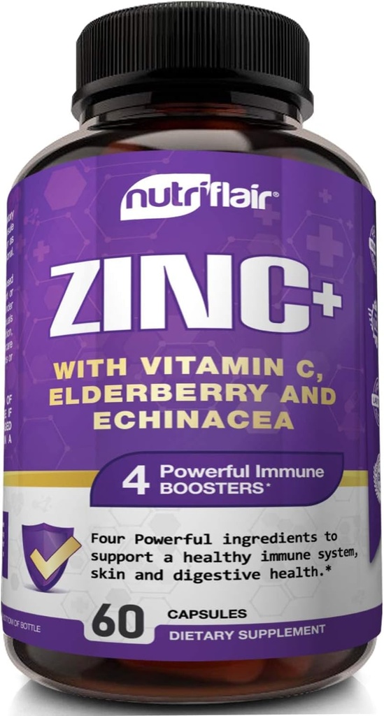 NutriFlair Zinc 50mg - con vitamina C, Elderberry, Echinacea Purpurea Extracto, Zinc Oxide - Comparar con picolinato, Citrato, Oxide - Soporte completo de mango Fórmula con 4 Immune Defense