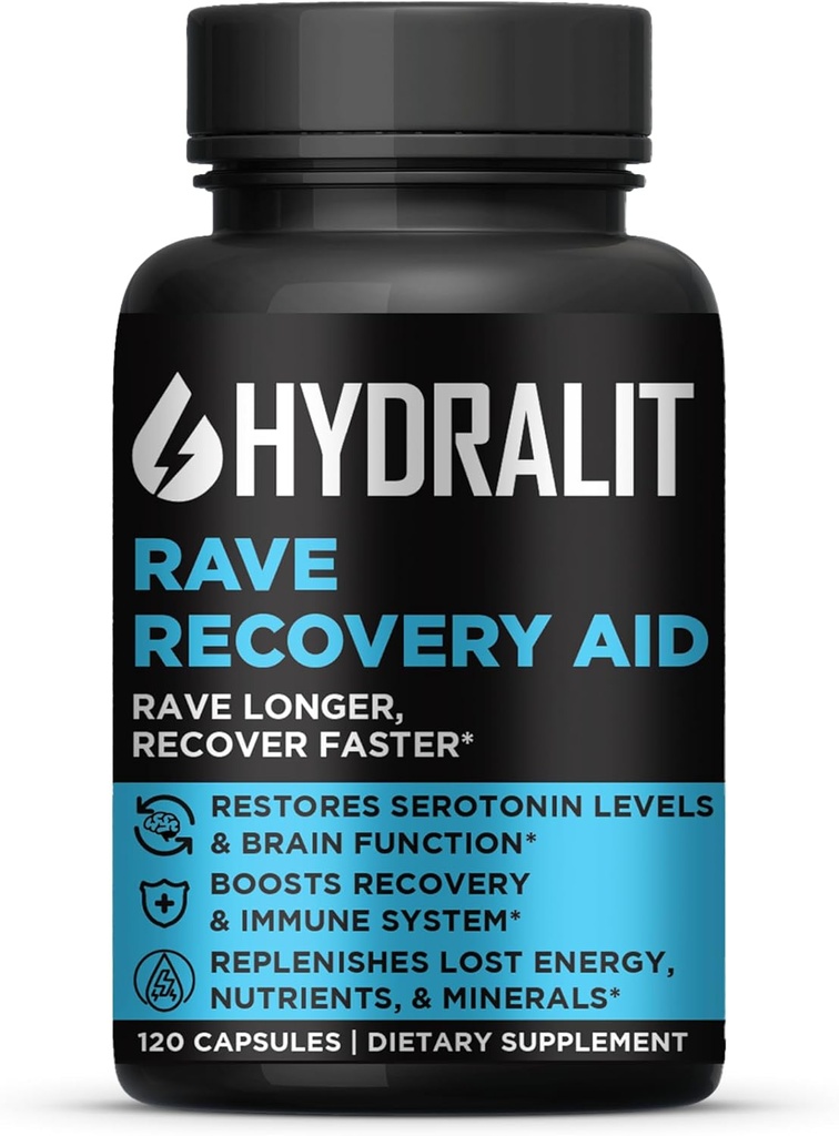 Ayuda de recuperación de rave Vitaminas después de las píldoras de alivio de fiesta Music Festival Accesorios Rave Essentials 5-HTP Suplemento Electrolytes Hidration Better Mornings Serotonin Energy Hangover 120 Capsules