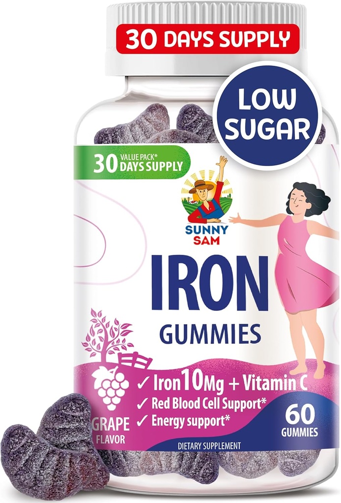 SUNNY SAM Iron Gummies for Kids & Adults - Vitaminas de hierro con vitamina C, 10 mg por servidumbre - Chewable Fruit Gummy for Immune Support Red Blood Cell Production