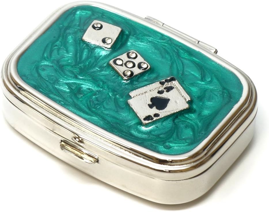 9338 Rectangular Pequeña caja de píldoras Organizador Aqua Green Silver Poker & Dado Mujeres Travel Pill Case Purse Pocket Container Medicina diaria portable Vitamina Caja Suplemento de medicamentos Mini Almacenamiento