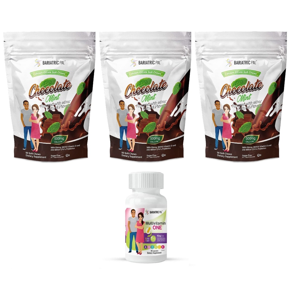 BariatricPal 90-Day Bariatric Vitamin Bundle (Multivitamin ONE 1 por día! Cápsula con 45 mg de hierro y calcio Citratos suaves 500 mg con probióticos - menta de chocolate)