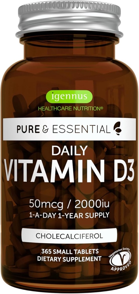 Vitamina diaria D3 2000iu, 50 mcg, Etiquetas limpias, 365 tabletas pequeñas, 1 año de suministro, Cholecalciferol vegetariano Vitamina D Suplemento, Pura y Esencial por Igennus