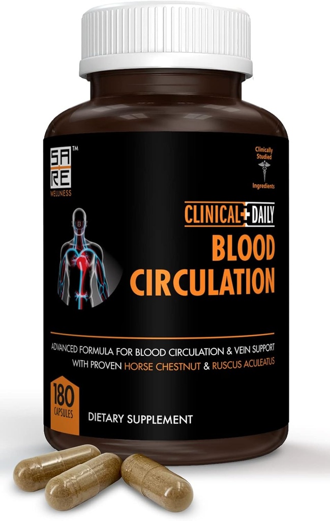 Suplementos clínicos de circulación diaria de sangre. Carniceros Escoba, Caballo Chestnut, Hawthorn, Cayenne, Arginina, Diosmin Varicose Veins Tratamiento para las piernas. Pobre Circulación y Apoyo Veinte. 180 cápsulas.