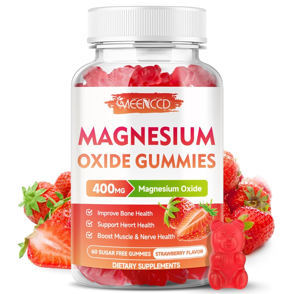 Magnesium Oxide Gummies 400mg, Chewable Magnesium Oxide Suplemento para Adultos &amp; Niños, Nerve &amp; Muscle Support, Non-GMO, Sugar-Free, Strawberry Flavor, 60 Condes