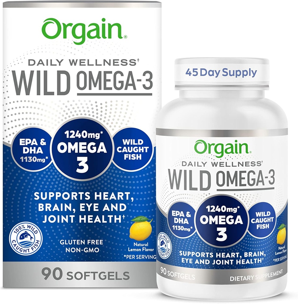 Orgain Fish Oil Omega 3 Suplemento 1240mg, EPA & DHA 1130mg, apoya la articulación, ojo, cerebro y salud cardíaca, sin mercurio o toxinas, fuente sostenible de pescado silvestre - 90 Softgels, 45 Day Supply
