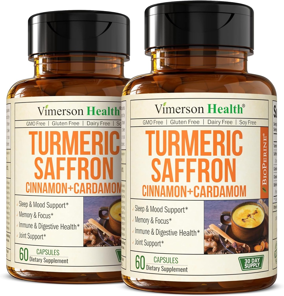 Suplementos Saffron – 89mg Saffron Extract y 1000mg Tumeric Blend – Suplemento Turmérico con canela de Ceylán y Cardamomo para Mood, Memoria y Salud Ocular – Suplementos Conjuntos para Hombres Mujeres – 2 Pack