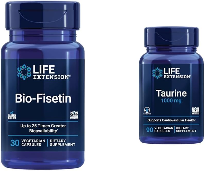 Extensión de la vida Bio-Fisetina 30 Capsules Celular Health Bundle con Taurine 1000mg 90 Capsules Heart Health