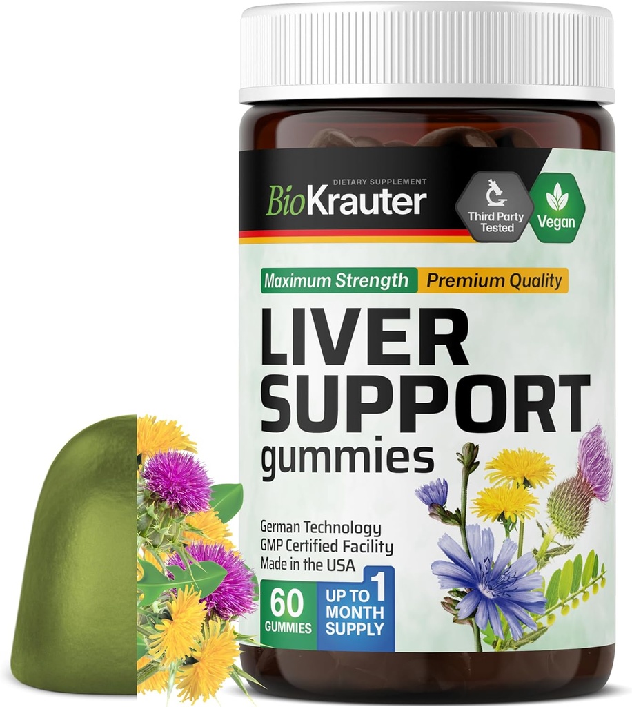 BIO KRAUTER Suplemento de hígado Gummies - 60 Chews Vegan w/Milk Thistle, Dandelion Root for Liver Cleanse " Detox - 80% Silymarin