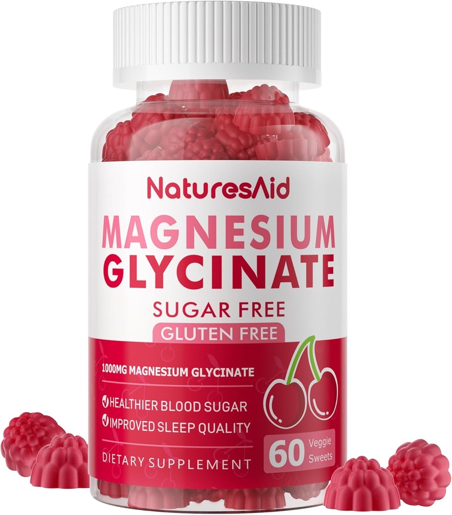 Magnesio Glycinate Gummies - Suplemento de Potasio de Magnesio Libre de Azúcar con Vitamina D, B6, CoQ10 para calma Mood & Sleep Support - 60 Gummies de cereza -1 Pack