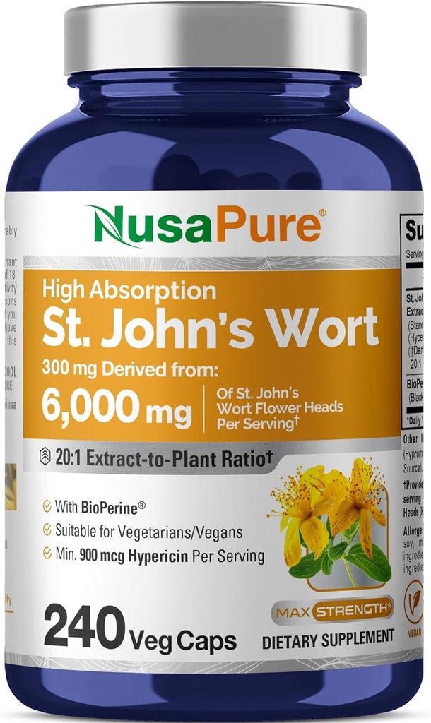 NusaPure St. John's Wort 20:1 Extracto, 300 mg Equivalente a 6.000mg 240 Veggie Capsules (Vegetariano, No GMO) Bioperina