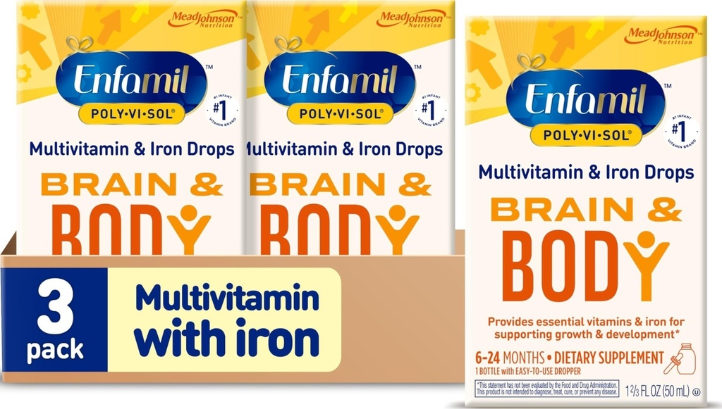 Enfamil Poly-Vi-Sol with Iron Liquid Multivitamin Drops, Supports Growth &amp; Development*, 50mL Bottle (Pack of 3)