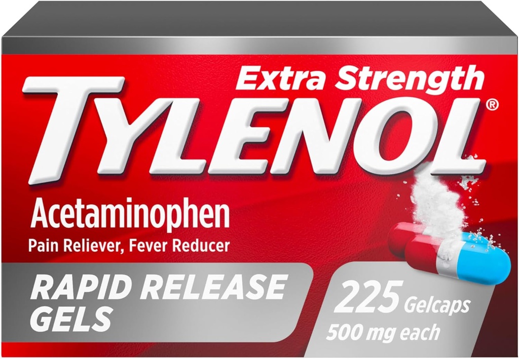 [BRSWKGQAOQPAI2YV] Tylenol Extra Strength Acetaminophen Pulseras de liberación rápida, Reductor de Dolor de Estrén Extra, Gelcaps con agujeros perforados por láser, 500 mg de Acetaminofeno, 225 ct