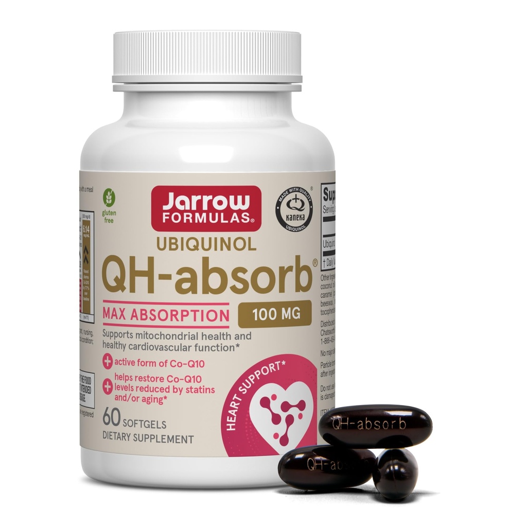 Jarrow Formulas QH-Absorb, 100 mg, Ubiquinol Suplemento dietético para la función cardiovascular saludable, 60 Softgels, 60 Day Supply