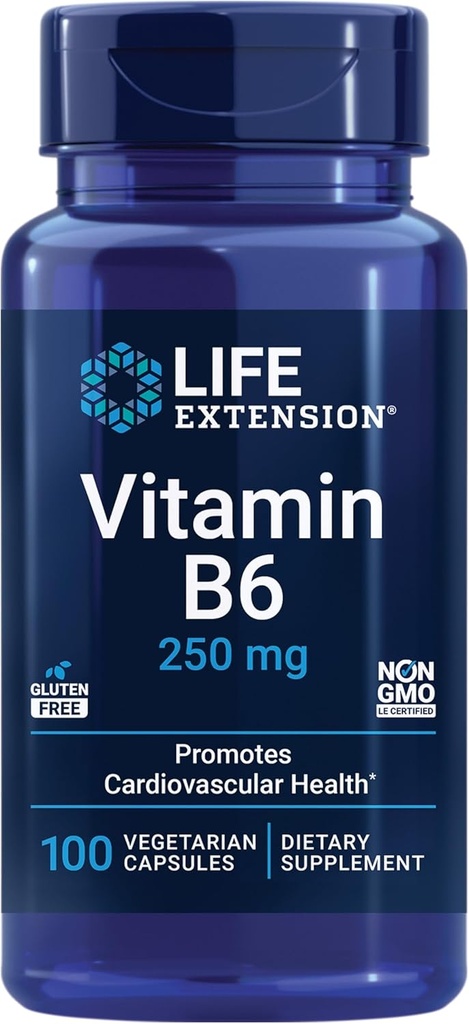 Extensión de la vida Vitamina B6, 250 mg, alta potencia, salud cardiovascular, salud neurológica, salud de los ojos, función sana del riñón, libre de gluten, no GMO, vegetariana, 100 cápsulas