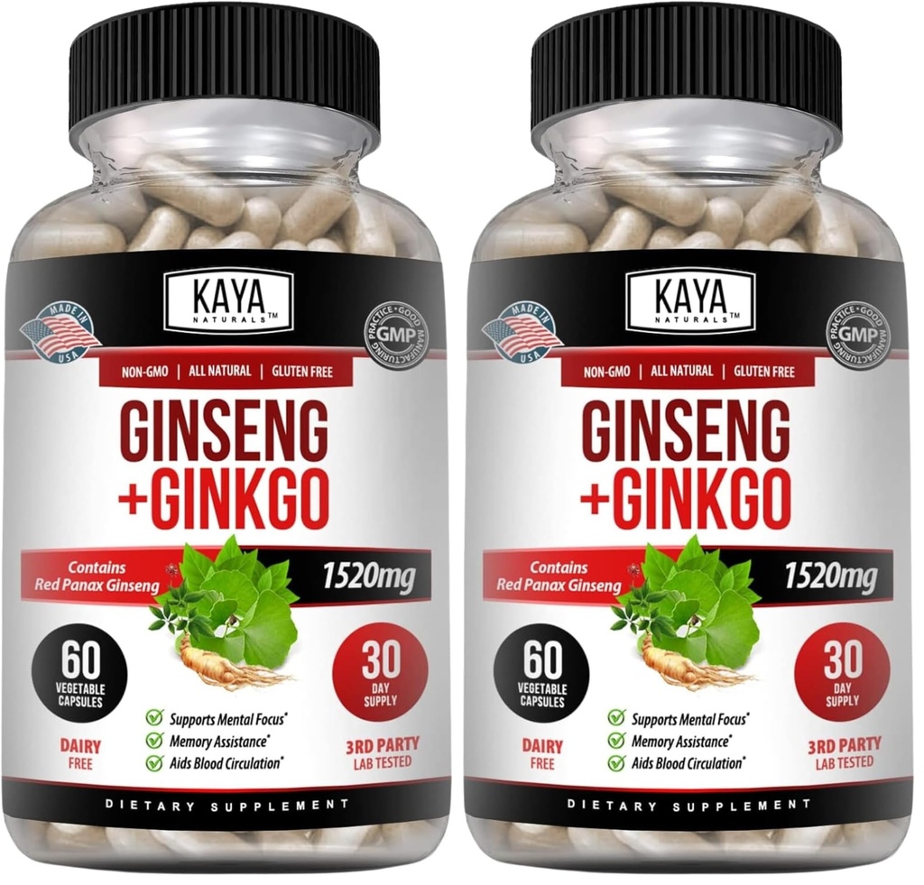Kaya Naturals Red Panax Ginseng + Ginkgo Biloba - Nootropic Brain Supplement - Cognitive and Concentration Support - Brain Booster, Focus, and Memory Supplement - 60 Capsules (Pack of 2)