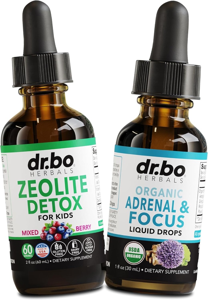Zeolite Detox & Adrenal Focus Support - Clinoptilolite Zeolite for Kids & Adults Liquid Drops with Vitamins B12 & D - Organic Adrenal and Focus for Calm Natural Brain, Memory Fatigue Stress Atención