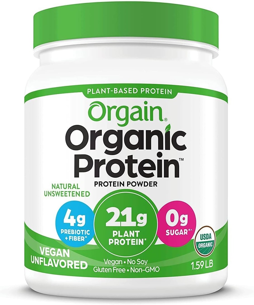 Orgain Organic Unflavored Vegan Powder, Natural Unsweetened - 21g of Plant Based Protein, Non Dairy, Gluten Free, No Sugar Añadido, Soy Free, Non-GMO, 1.59 lb (Packaging May Vary)
