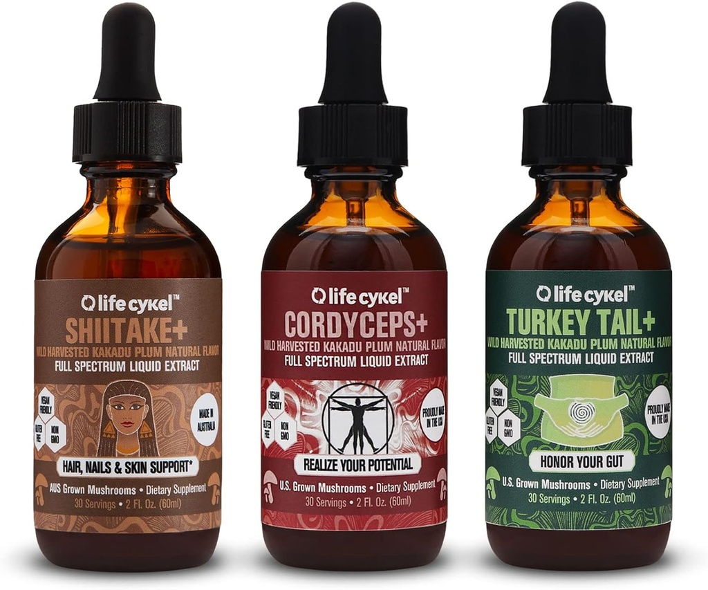 VIDA CYKEL AM Soporte energético, Soporte de sistema inmunitario, Skin & Nails Health- 100% Organic Mushrooms- Cordyceps Turquía Tail " Shiitake w/ Kakadu Plum, Made in the US, Non-GMO - 3 ct(2oz cada uno)
