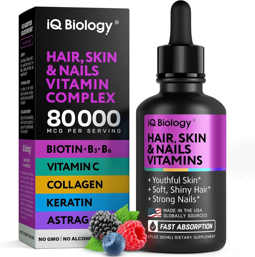 [BRSRAZQ7DN7AIYLJ] Líquido Biotina 5000mcg gotas – 80,000mcg Crecimiento del cabello Vitaminas con Astragalus Collagen " Keratina, Esquí de pelo de fuerza extra y uñas Vitaminas - Biotina y suplementos de colágeno para hombres de mujeres - 2 fl oz