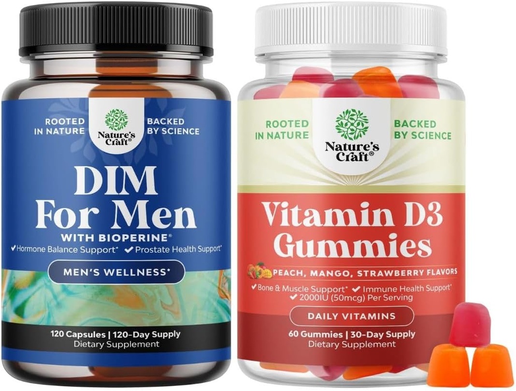 Bundle of Advanced Diindolylmethane DIM Suplemento para hombres y vitamina D3 Gummies para el bienestar diario para el músculo del hueso & Immune Support