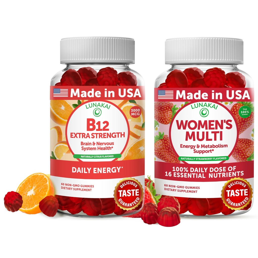 Lunakai Vitamina B12 y las Gummies Multivitamínicas Mujer Bundle - 3000mcg Metilcobalamina Alta Absorción Energía Gummy - 100% Valor diario de 16 vitaminas y minerales esenciales Suplemento - 30 días Suministro
