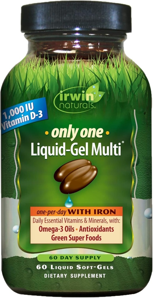Irwin Naturals Only One Liquid-Gel Multi with Iron - 60 Liquid Softgels - Daily Essential Vitamins, Minerals, Antioxidantes, Omega-3s & Green Super Foods