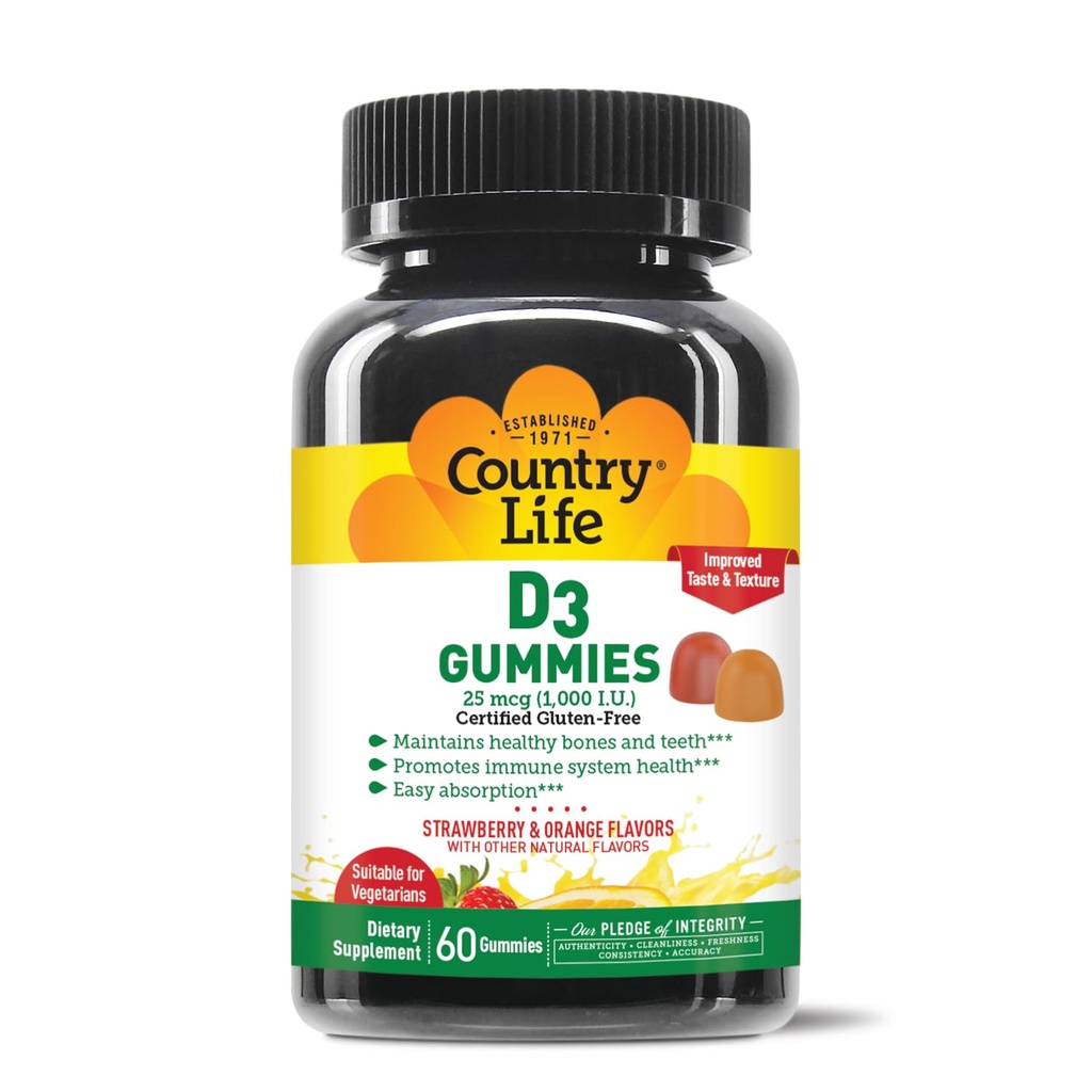 Country Life Vitamin D3 Gummies – 1,000 IU Cholecalciferol, 60 Conde – Apoya Bone & Immune Health – Vegetarian, Gluten-Free, Strawberry & Orange Flavors – Pectin-Based, No Artificial Sweeteners