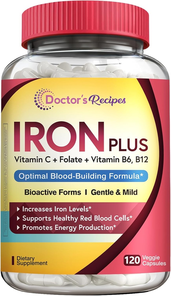Recetas del médico Suplemento de hierro para mujeres hombres - Gentle Iron Bisglycinate with Vitamin C, B6, Folate " B12 - Non-Constipating " Stomach Friendly Iron Pills for Blood & Energy Support, 120 Vegan Caps