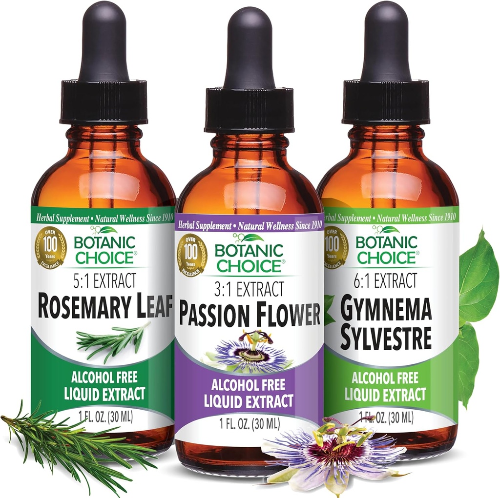 Botanic Choice Passion Flower, Rosemary Leaf, & Gymnema Sylvestre Extracts Bundle – Daily Global Wellness Kit for General Wellbeing (1 fl. Oz. each)