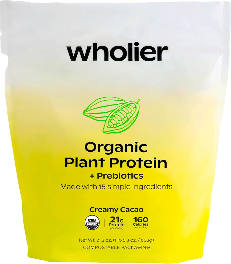 wholier Proteína vegetal orgánica + Prebióticos. Proteína Vegana Limpia. 21g de Proteína. 14 Ingredientes de plantas reales. Fibra prebiótica. No Flavors Naturales, Gums o Fillers. Cremy Cacao (1 libras 4 oz.)