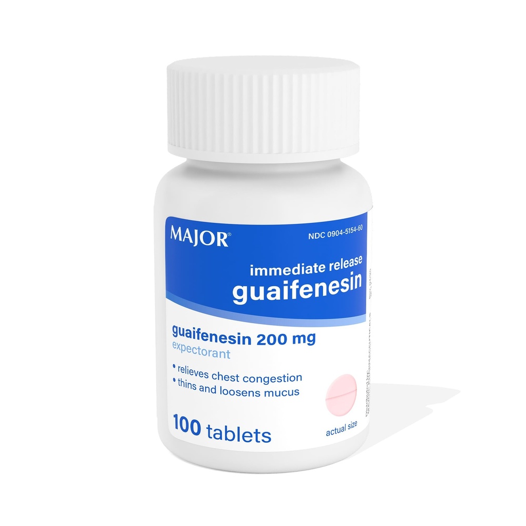 Mayor liberación inmediata Guaifenesin - Alivia la congestión del tórax, ladrones y el loosens Mucus - 200 mg - 100 tabletas