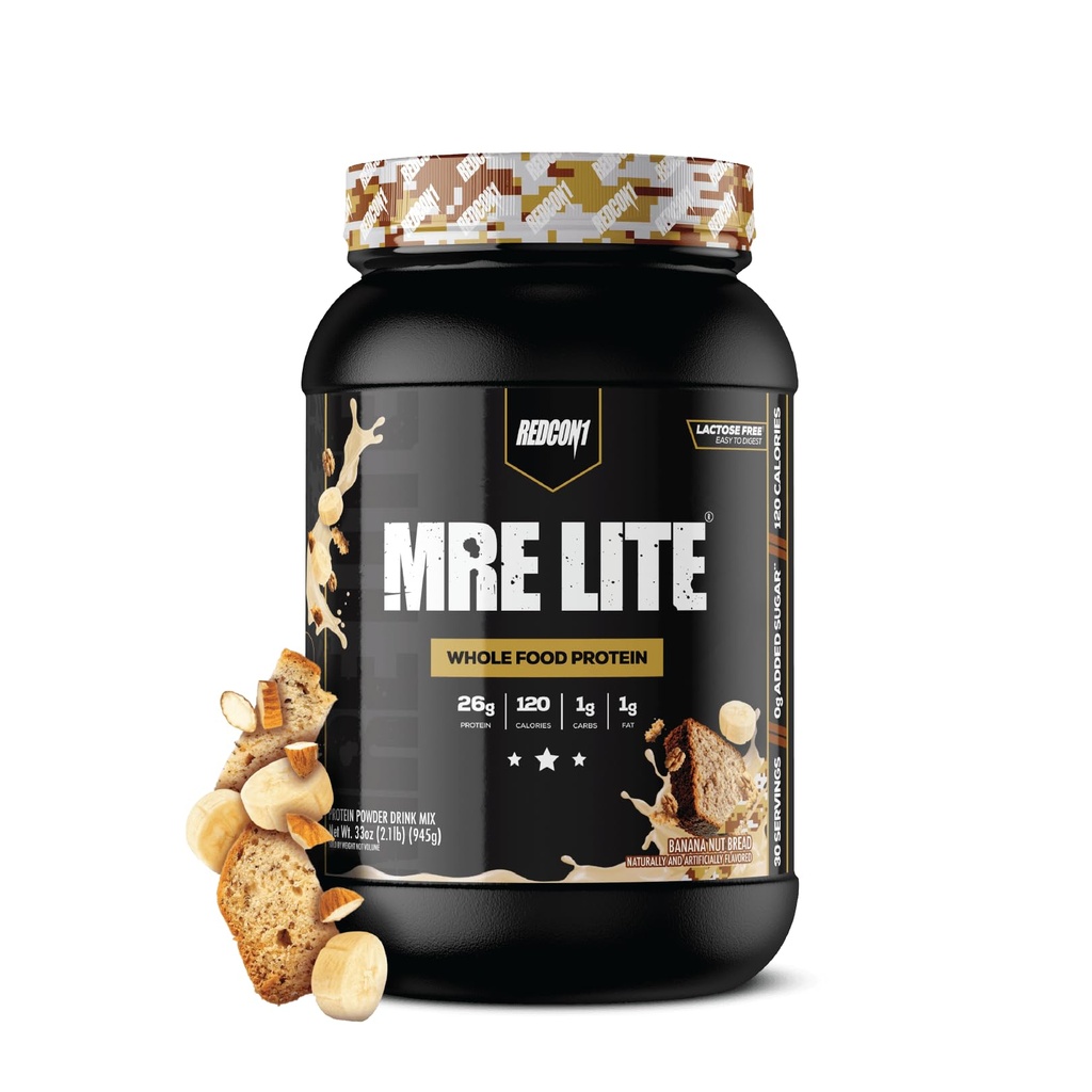 REDCON1 MRE Lite Whole Food Protein Powder, Banana Nut Pan - Baja Carb & Whey Free Meal Replacement with Animal Protein Blends - Easy to Digest Supplement Made with MCT Oils (30 Servings)
