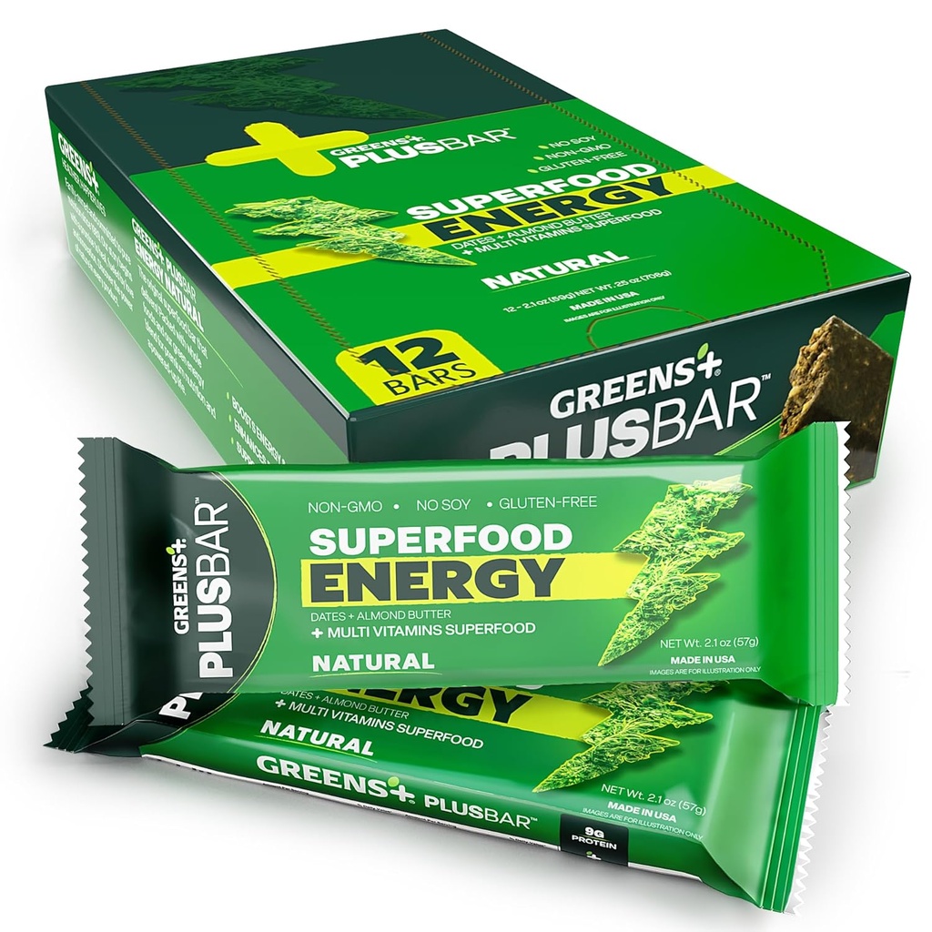 Greens+ Plusbar Energy, Natural, Snack sin gluten con Super Greens, Superfoods & Almond Butter, Vegan, sin lácteos, no GMO, 10g Protein Meal Reemplazo, 12 Pack
