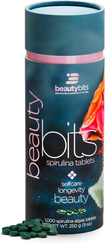 BEAUTYbits - Tablas ecológicas de espirulina - Algae Superfood - Collagen, Proteína, Clorophyll - Pelo, uñas, & piel Cuidado - Vegan, Keto, Gluten Free - Self Care - Regalos de belleza Skincare - 1000 Tablet Can