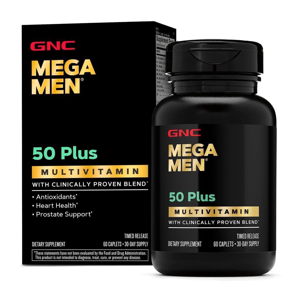 GNC Mega Hombres 50 más cápsulas multivitamínicas, salud clínica, corazón y próstata, vitaminas B, Saw Palmetto, memoria, vitamina D-3, 60 cuenta