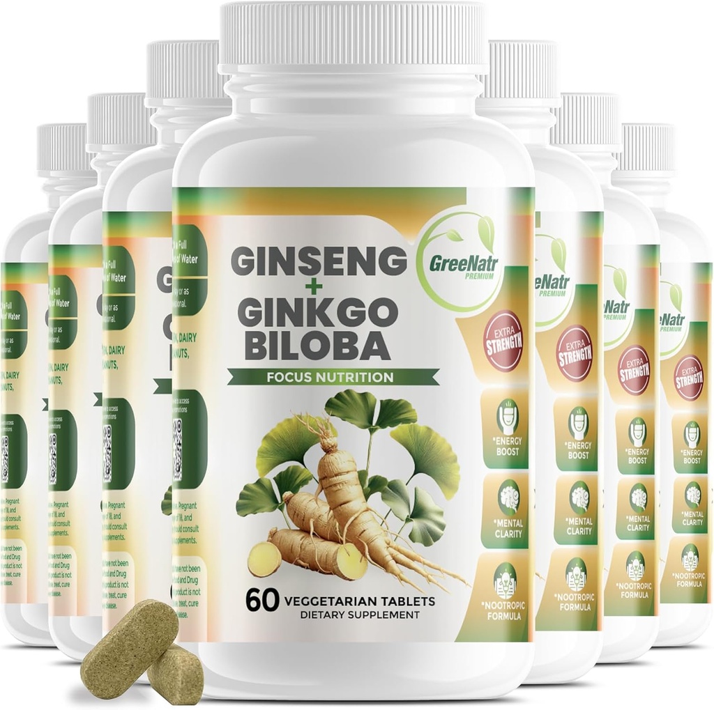 Ginko Biloba & Panax Ginseng Supplement - Red Ginseng Brain Supplement for Memory and Focus - Ginkgo Biloba Supplements for Good Vision, Immune System and Improved Blood Flow - 12 Bottles