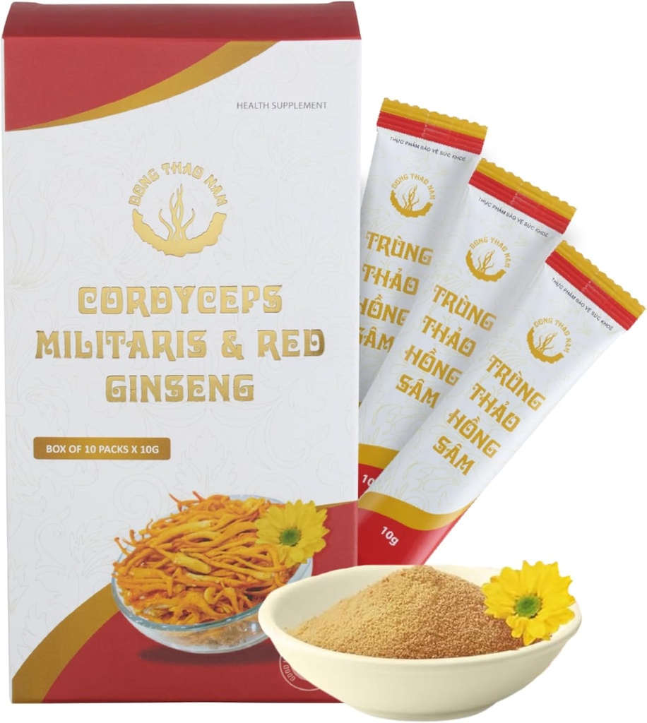 Dong Thao NAM - Organic Red Ginseng y Cordyceps Powder, 6 en 1 Extracto Herbal, Aumenta la Alerta, Aumenta la Energía y Reduce la Fatiga, Caffeine Free, Pack of 10