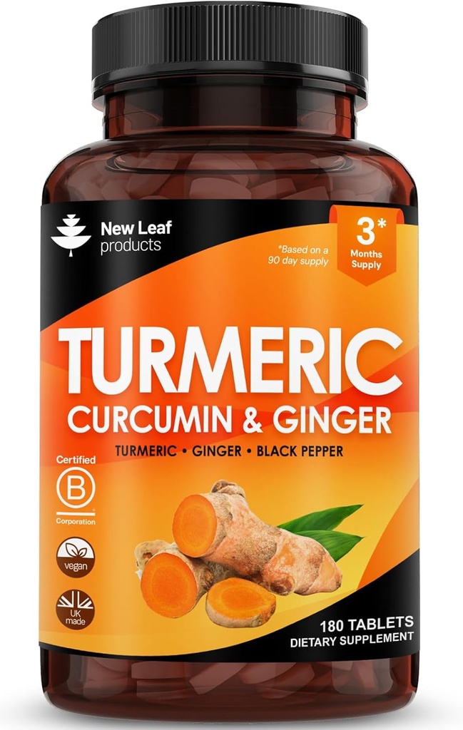 Tablas Turméricas con Pepper Negro y jengibre - Curcumina - 180 Tablas Turméricas y Pepper Negro (3 Mes) Suplementos Turméricos Activos de Alta Fuerza No Capsules, por Nueva Hoja