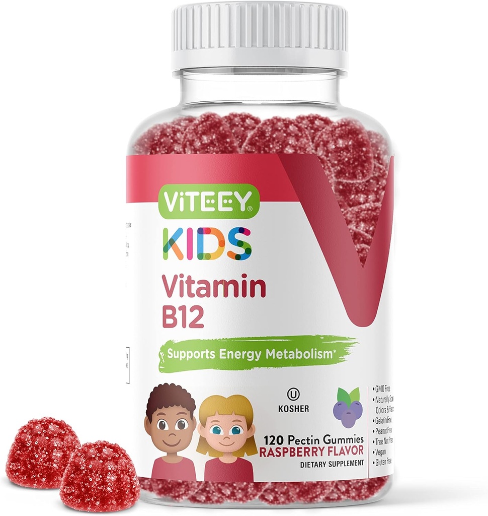 Viteey Vitamina B12 para Gummies Infantiles, 1000mcg - Metabolismo, Natural Energy Support - Vegan, Gelatin Free, Gluten Free, GMO Gratis - Tasty Chewable B12 Raspberry Flavored Gummy