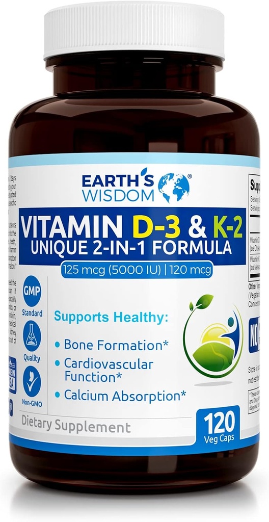 La Sabiduría de la Tierra Vitamina D3 5000 UI con Fórmula K2 (MK7). Muscle, Bone, Heart & Immune Support. Absorción Superior. 120 cápsulas. Libre de Gluten, Dairy, Soy. Manufactured in USA.