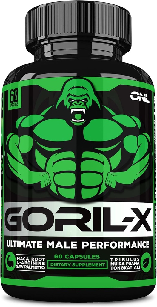 GORIL-X Testosterone Booster para Hombre - Workout Testosterone Suplemento - Aumentar Tamaño, Fuerza & Energía - 1000mg Male Enhancing Horny Goat Weed - Maca Root, Tongkat Ali & Tribulus Terrestris 60 Caps